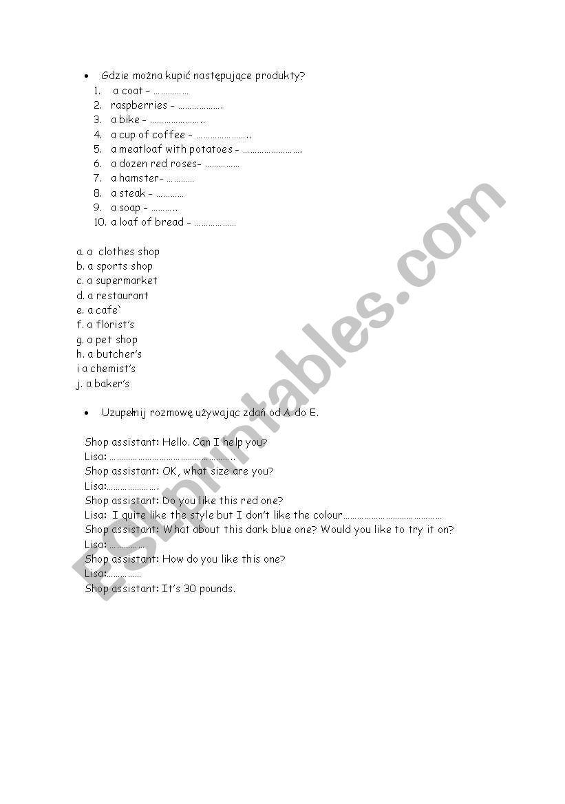 shopping lesson worksheet