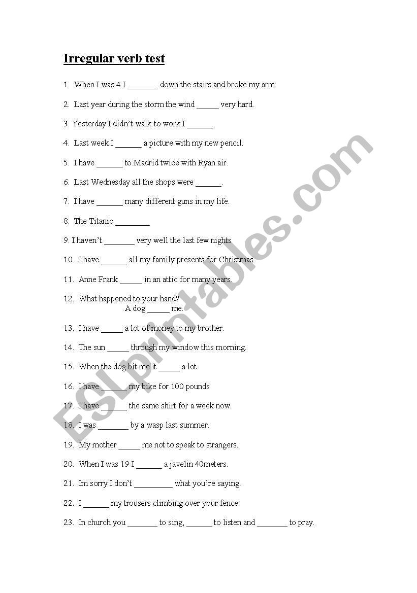 Irregular verb test worksheet