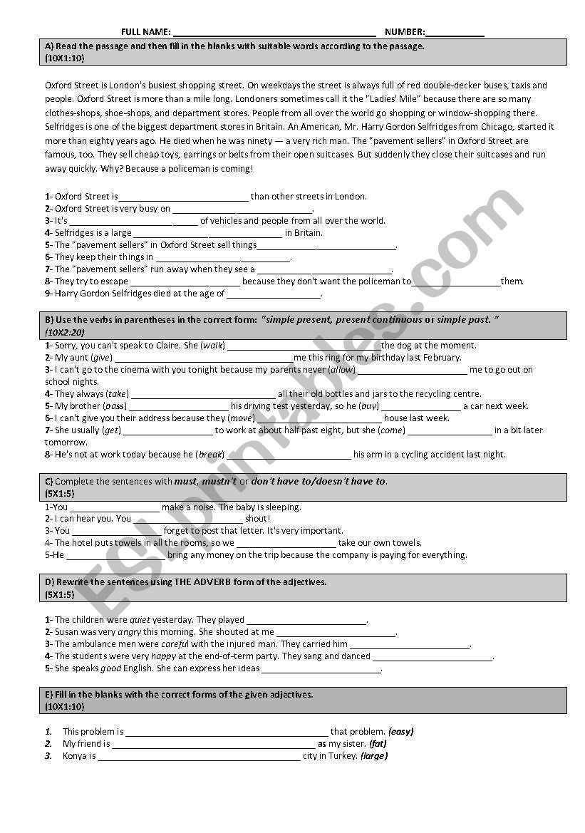 exam worksheet