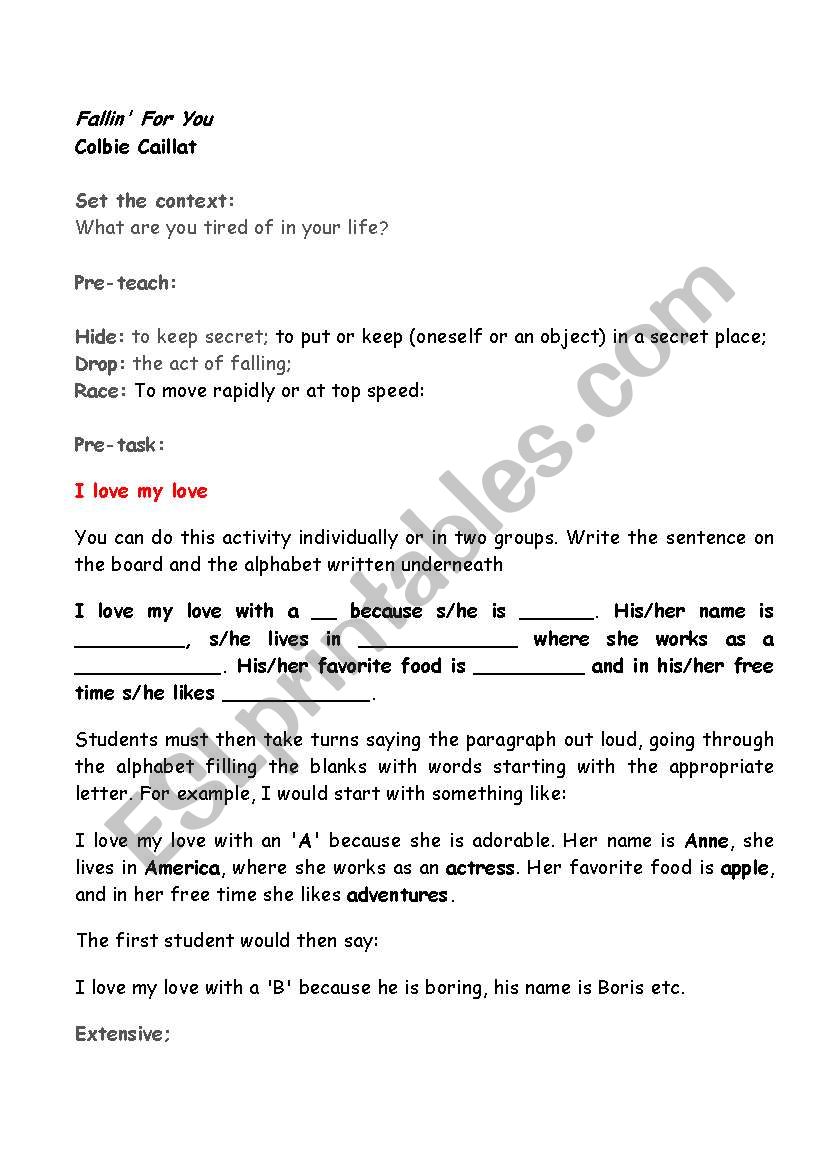 falling for you worksheet