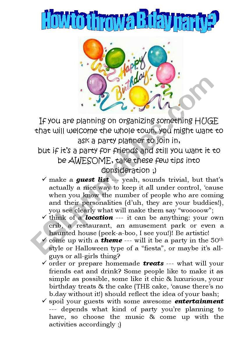 How to throw a b-day party? worksheet