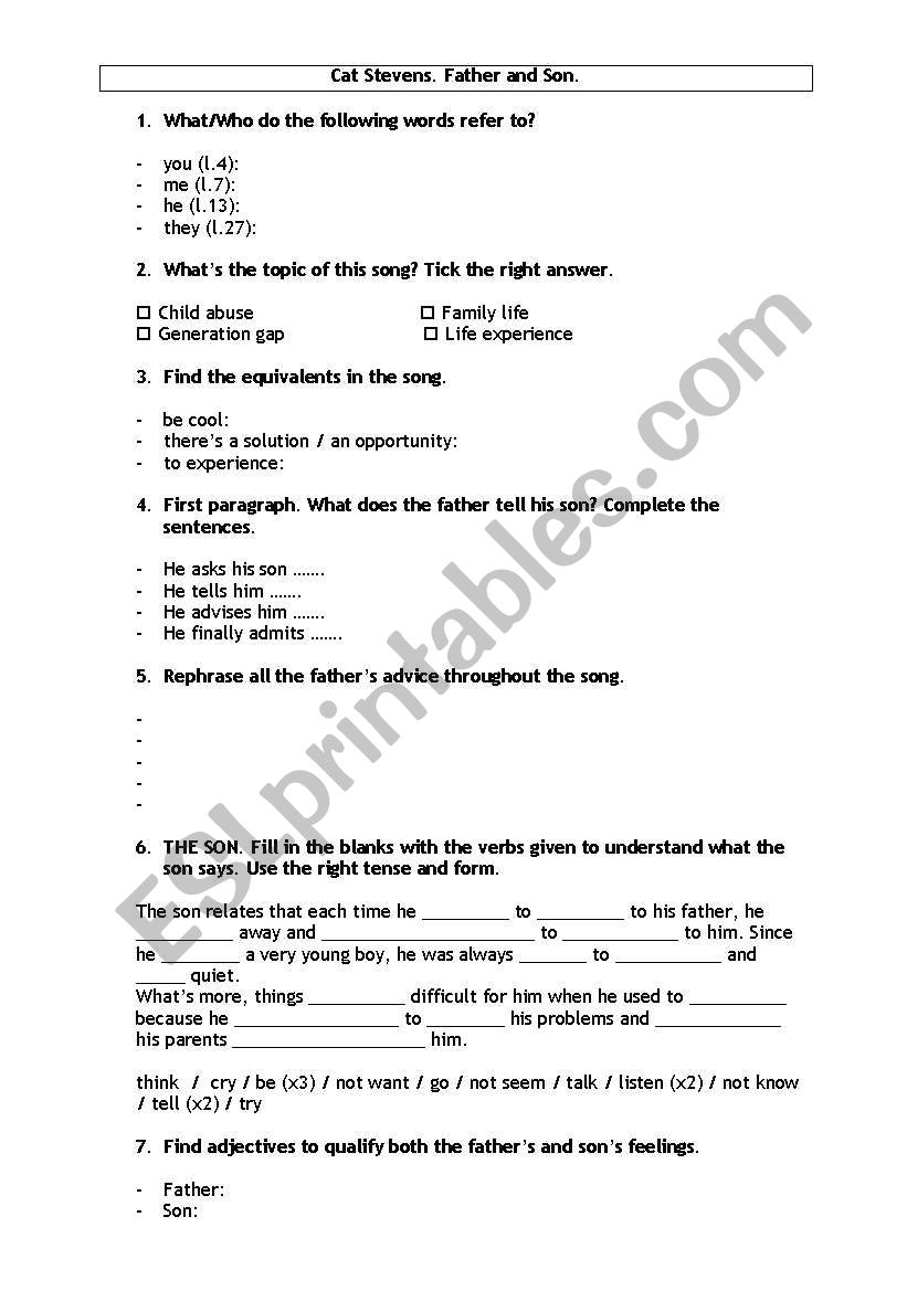 Cat Stevens. Father and son. worksheet