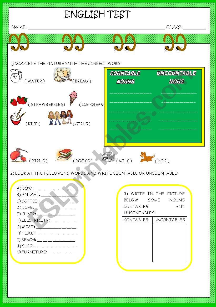 COUNTABLE AND UNCOUNTABLE worksheet