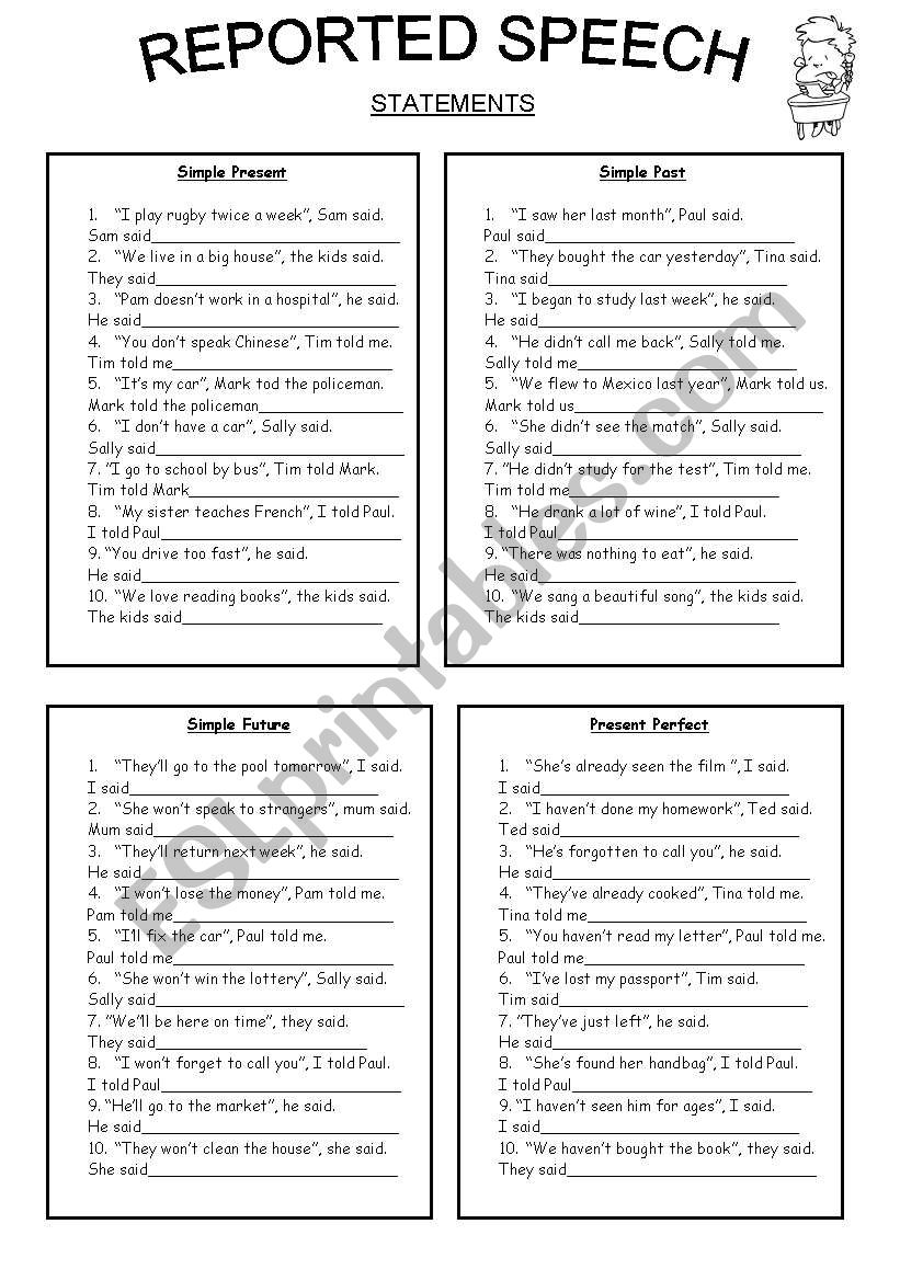 REPORTED SPEECH STATEMENTS worksheet