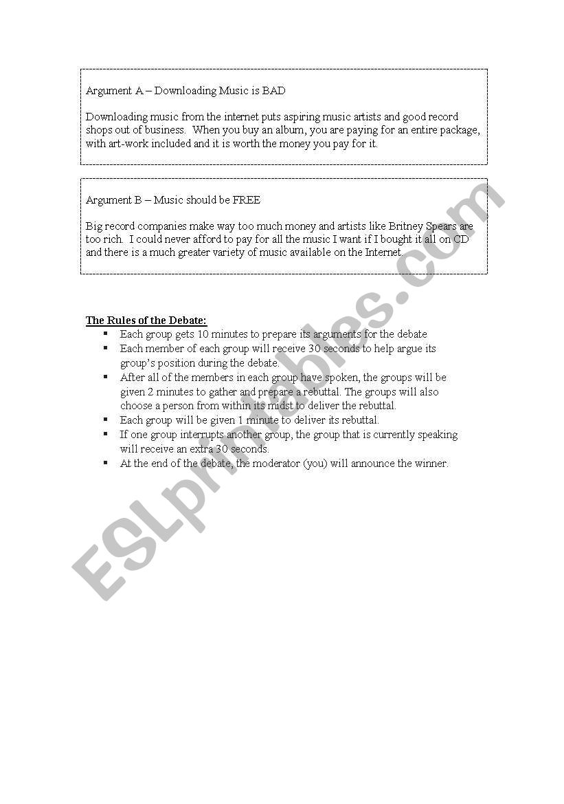 Debate - Downloading Music worksheet