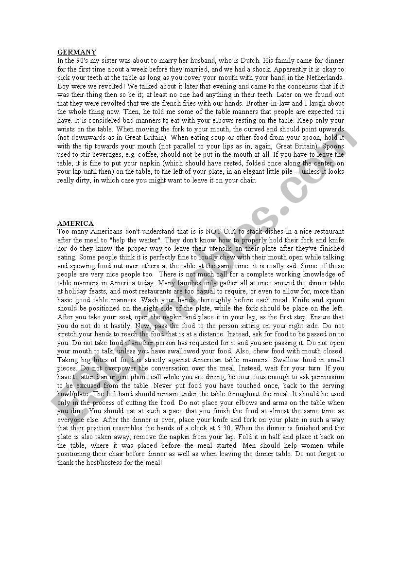 Table manners worldwide worksheet