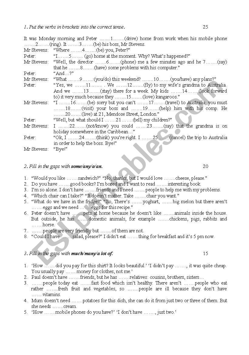 test on Tenses, quantity, infinitive of purpose  and prepositions /New Headway Pre Intermediate Units 1-10