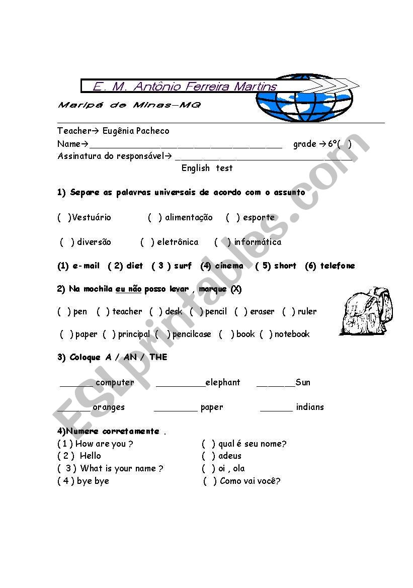 english test  worksheet