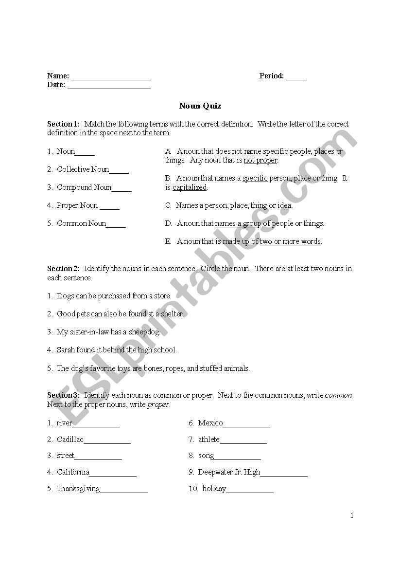 Noun Quiz worksheet