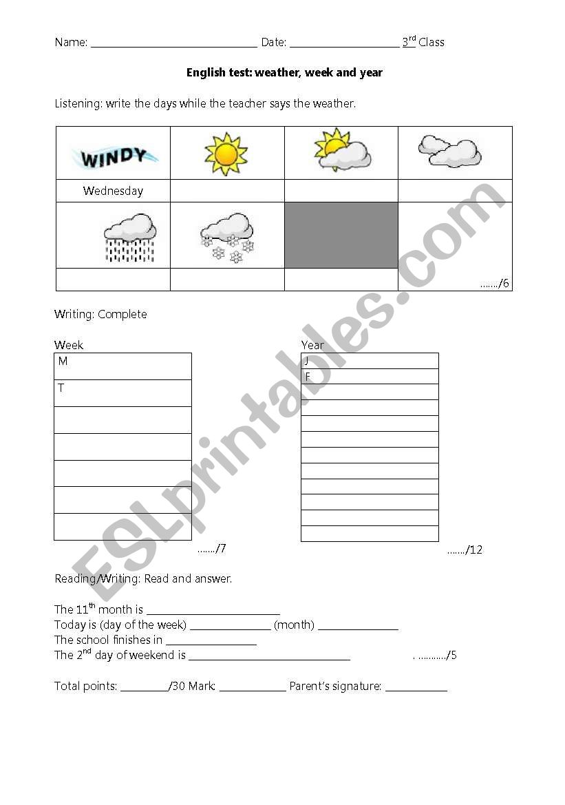 Weather, week and year test worksheet