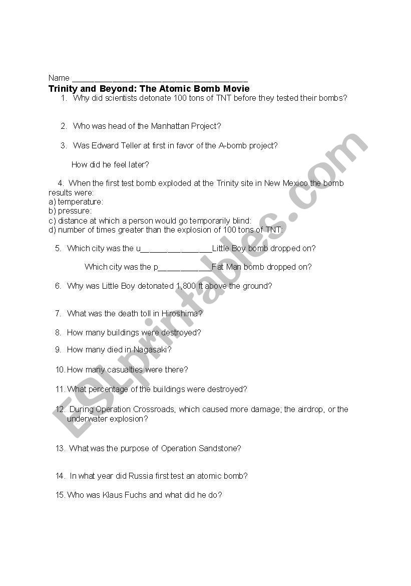 Trinity: The Atom Bomb Movie worksheet