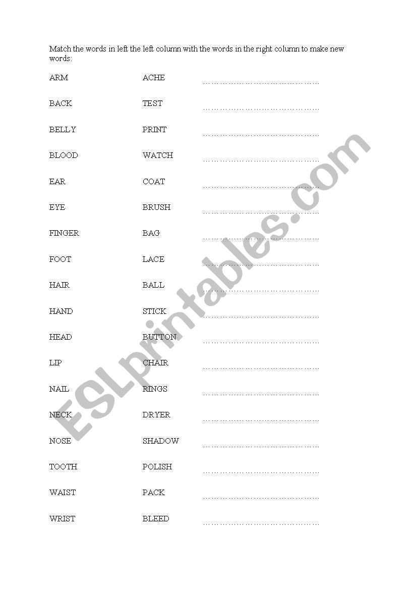 PARTS OF BODY compound words worksheet