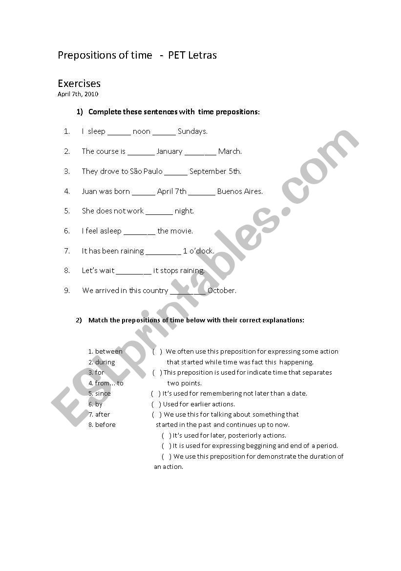 Prepositions of time - with answers - FOR ADULTS