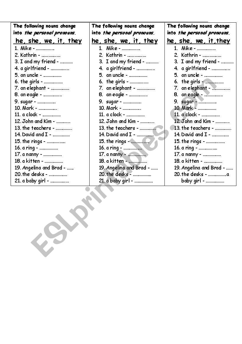 personal pronauns worksheet