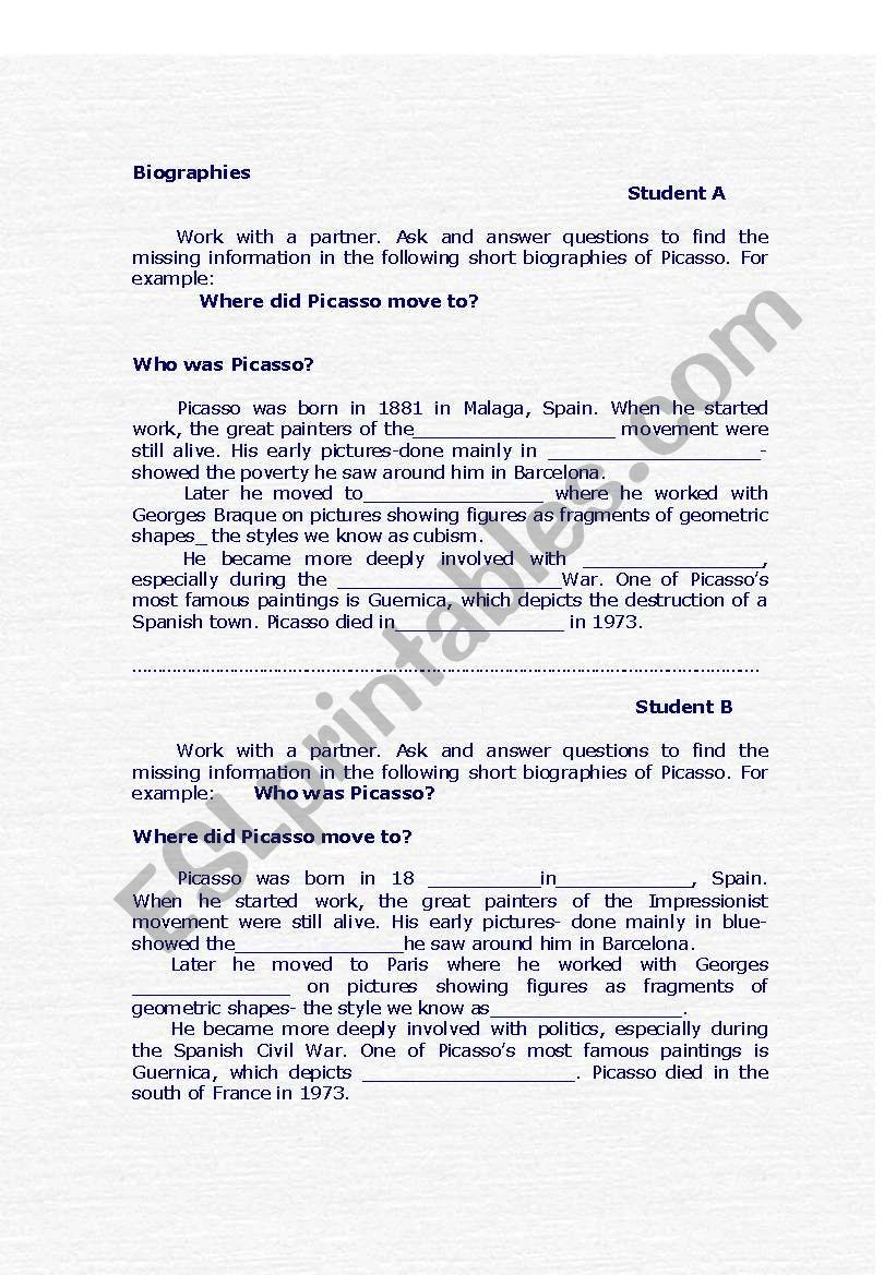 Biographies worksheet