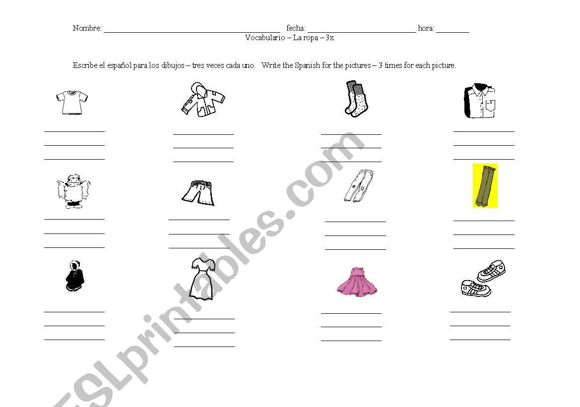 Articles of Clothing 3x Each assignment
