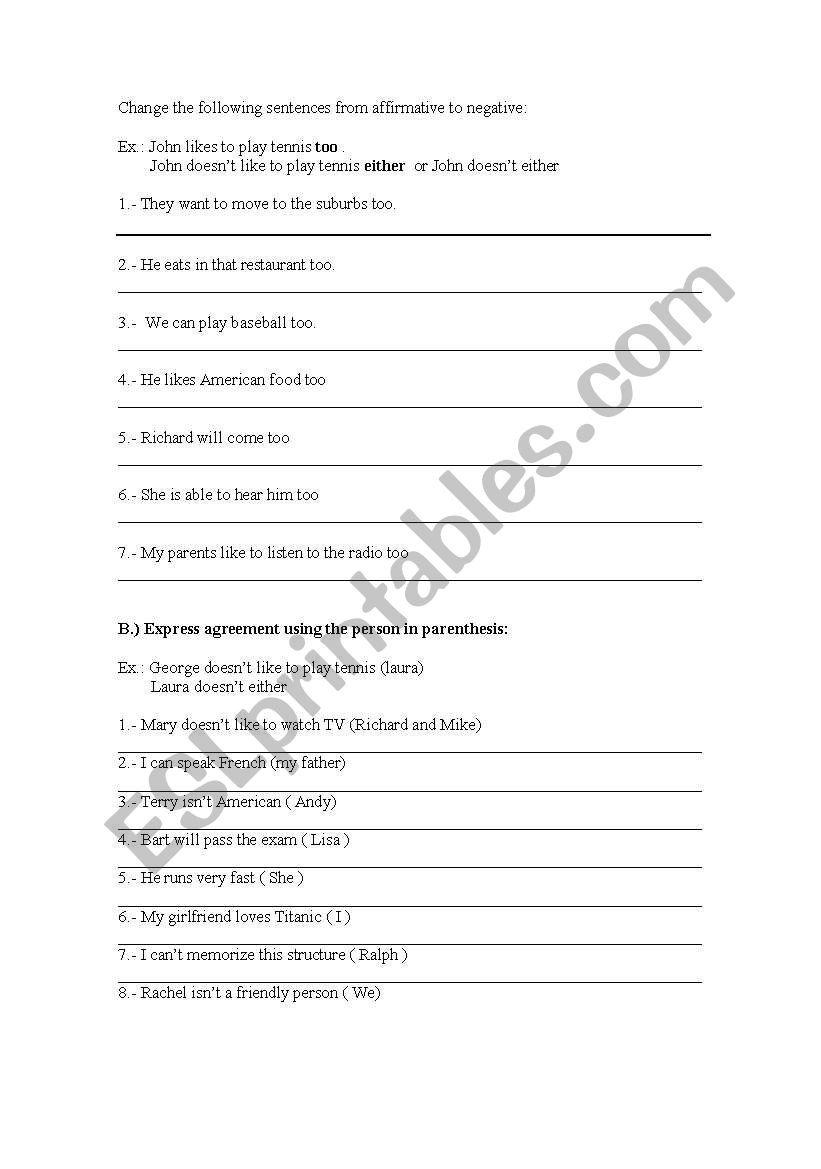 Either, Neither, so and too worksheet