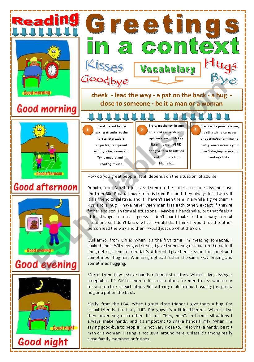 GREETINGS IN A CONTEXT - (3 Pages) - 2 Reading & Comprehension Texts + 3 Instructions + 5 Exercises + 5 Extra Activities