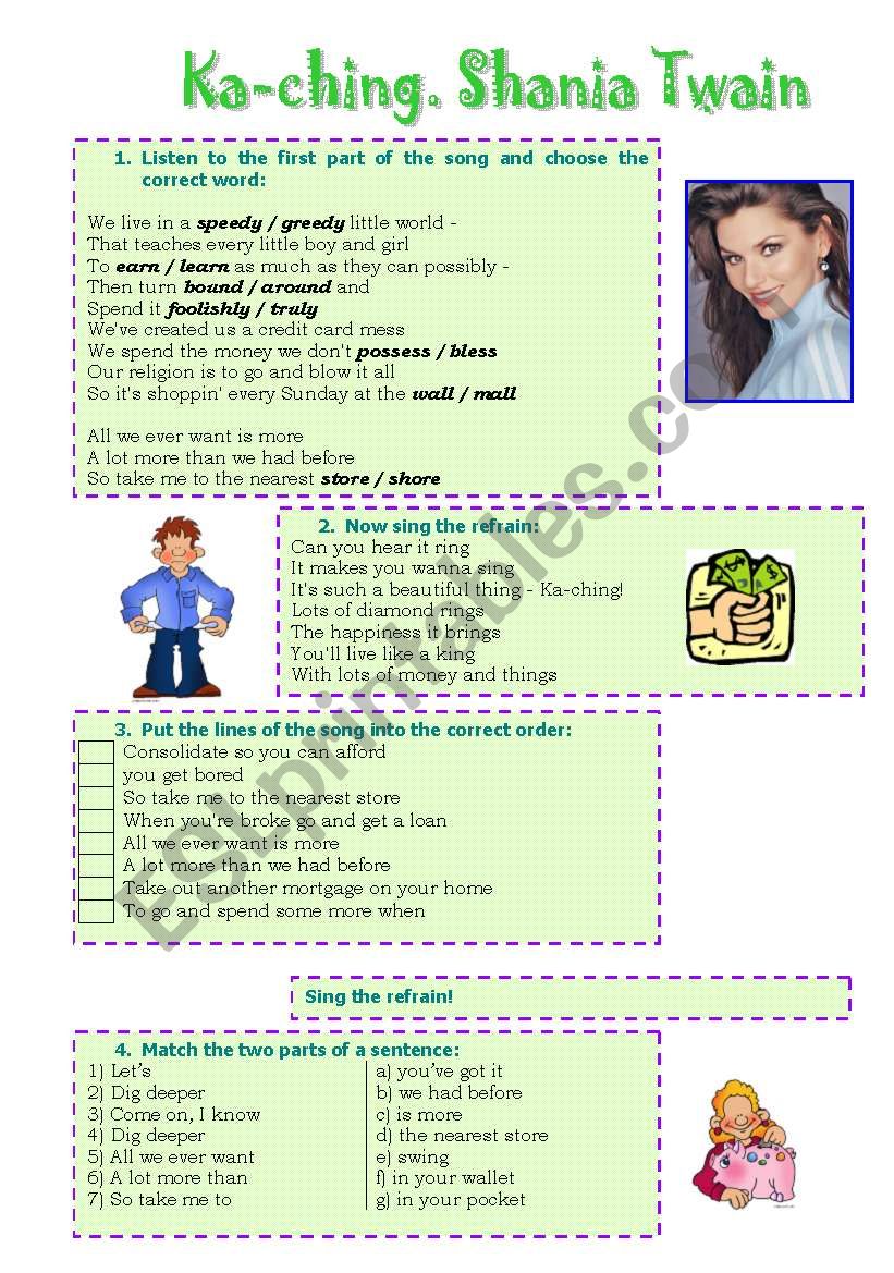 Song! Ka-ching (Shania Twain) worksheet