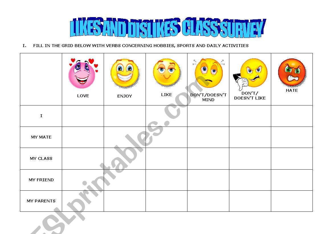 LIKES & DISLIKES CLASS SURVEY worksheet