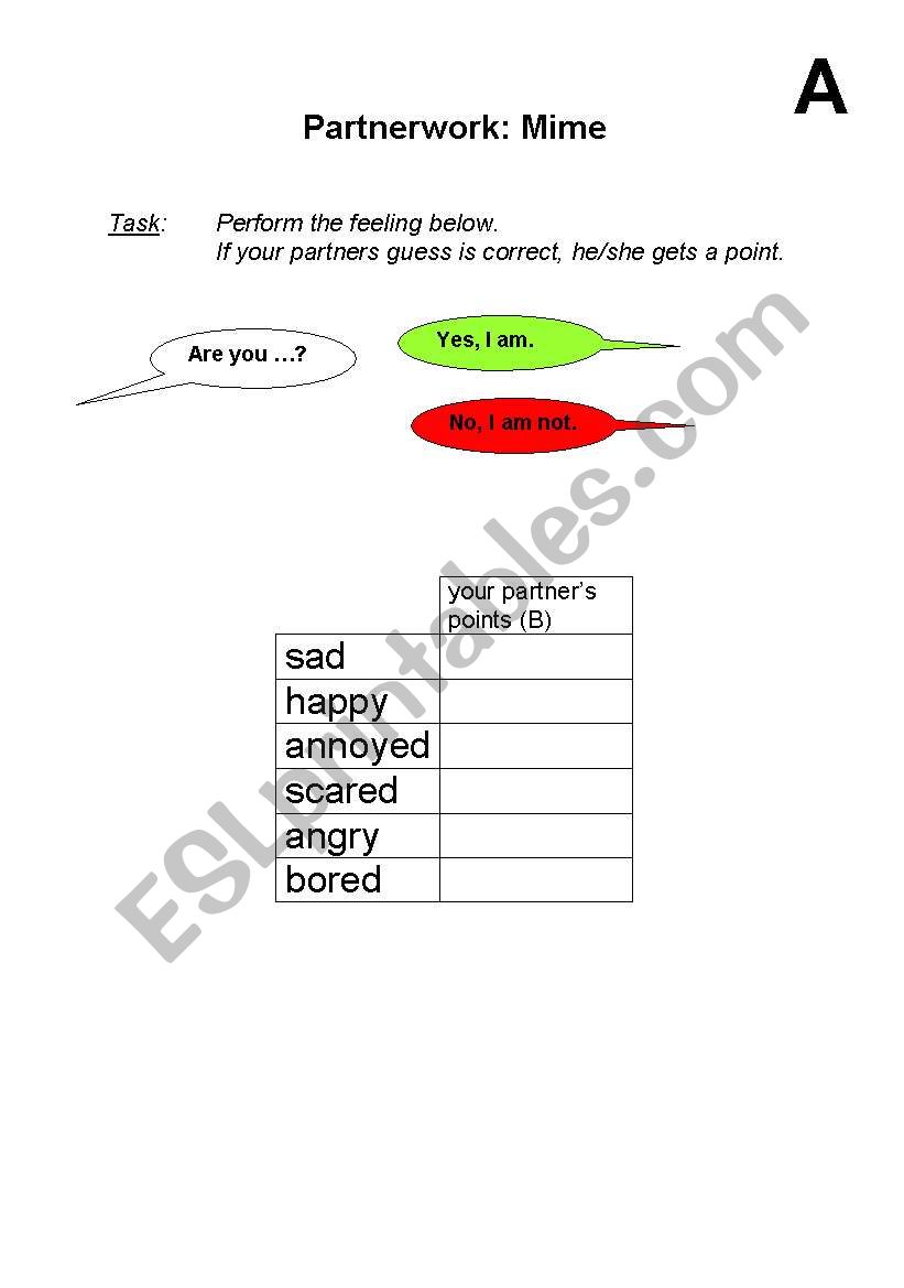 Feelings Partnerwork Mime worksheet