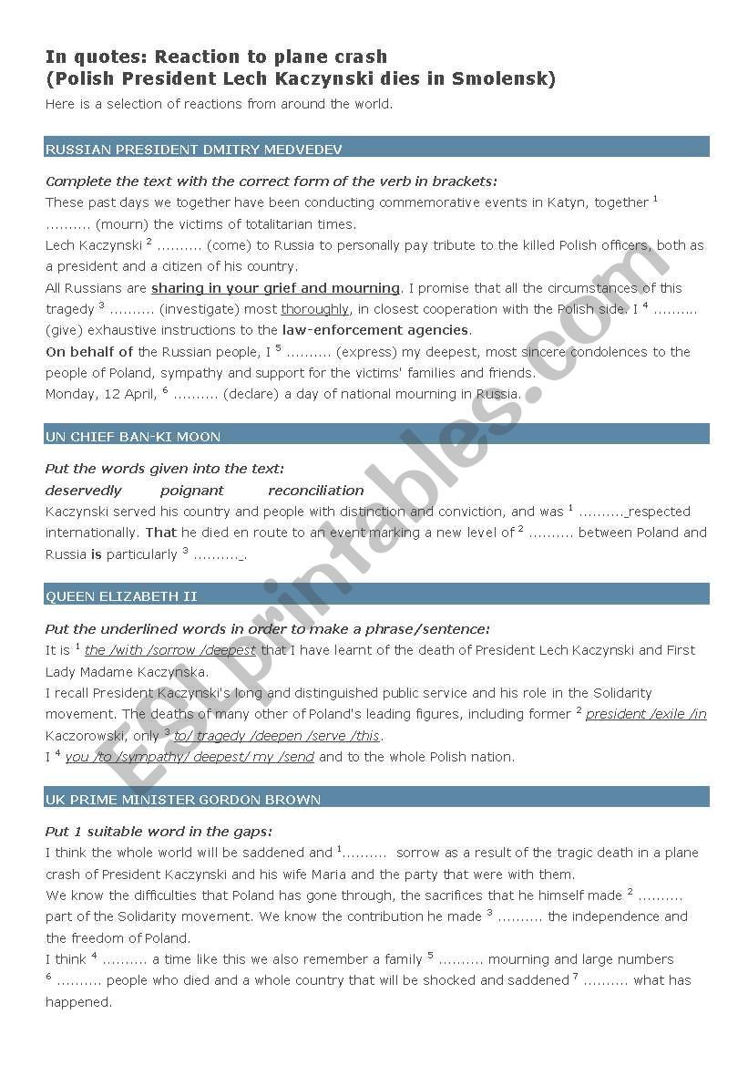Polish plane Crash 10.04.2010 worksheet