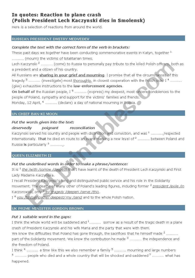 Polish plane Crash 10.04.2010 worksheet