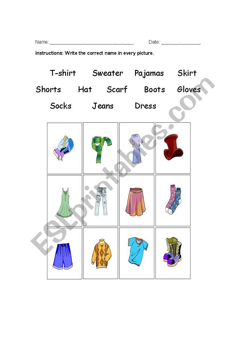 Naming clothes worksheet
