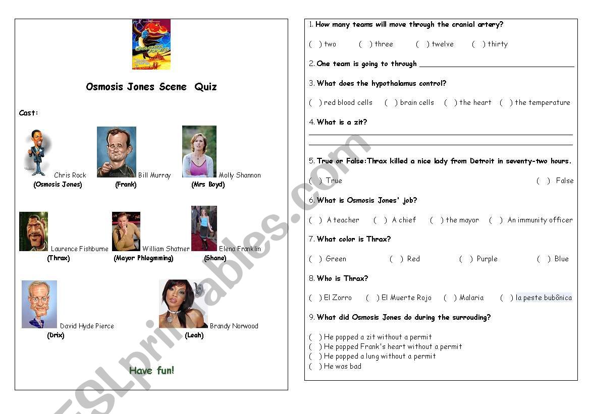 English worksheets: Osmosis Jones Scene 20 Quiz Throughout Osmosis Jones Movie Worksheet