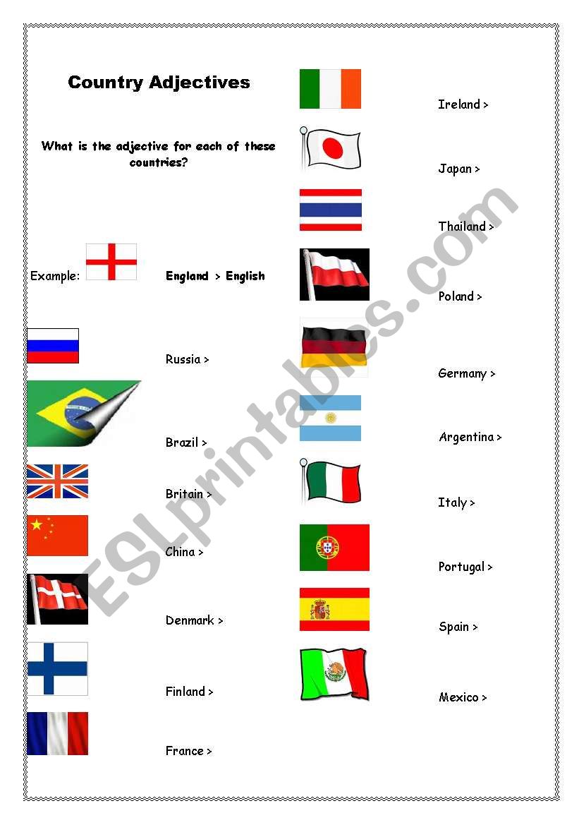 Country adjectives worksheet