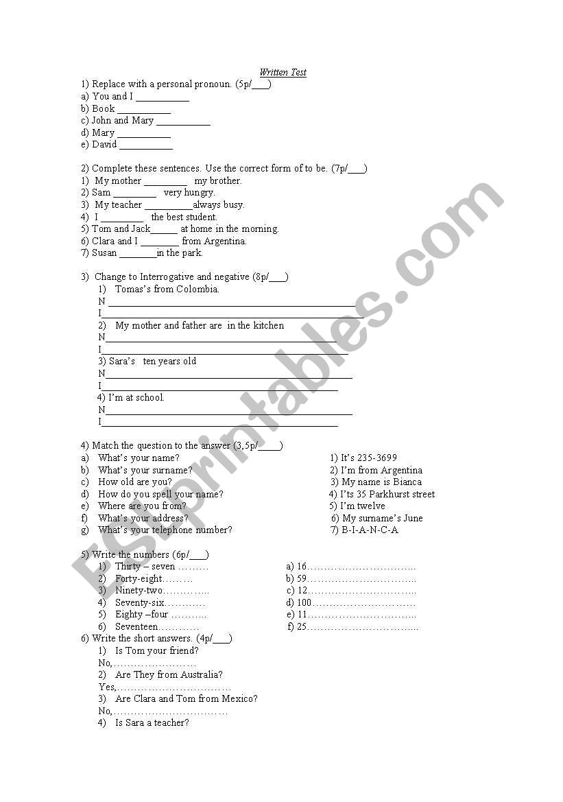 verb to be  worksheet