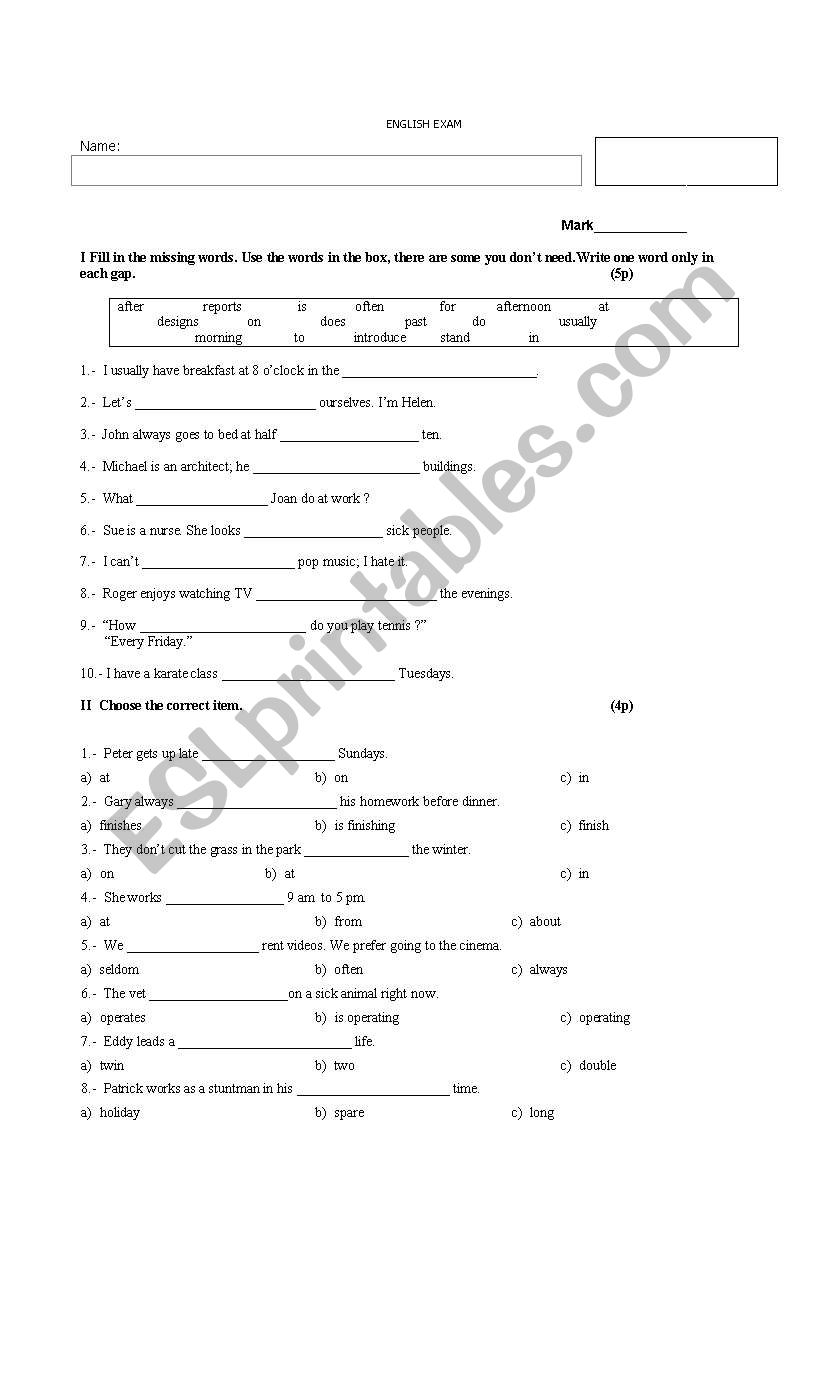 ENGLISH EXAM worksheet