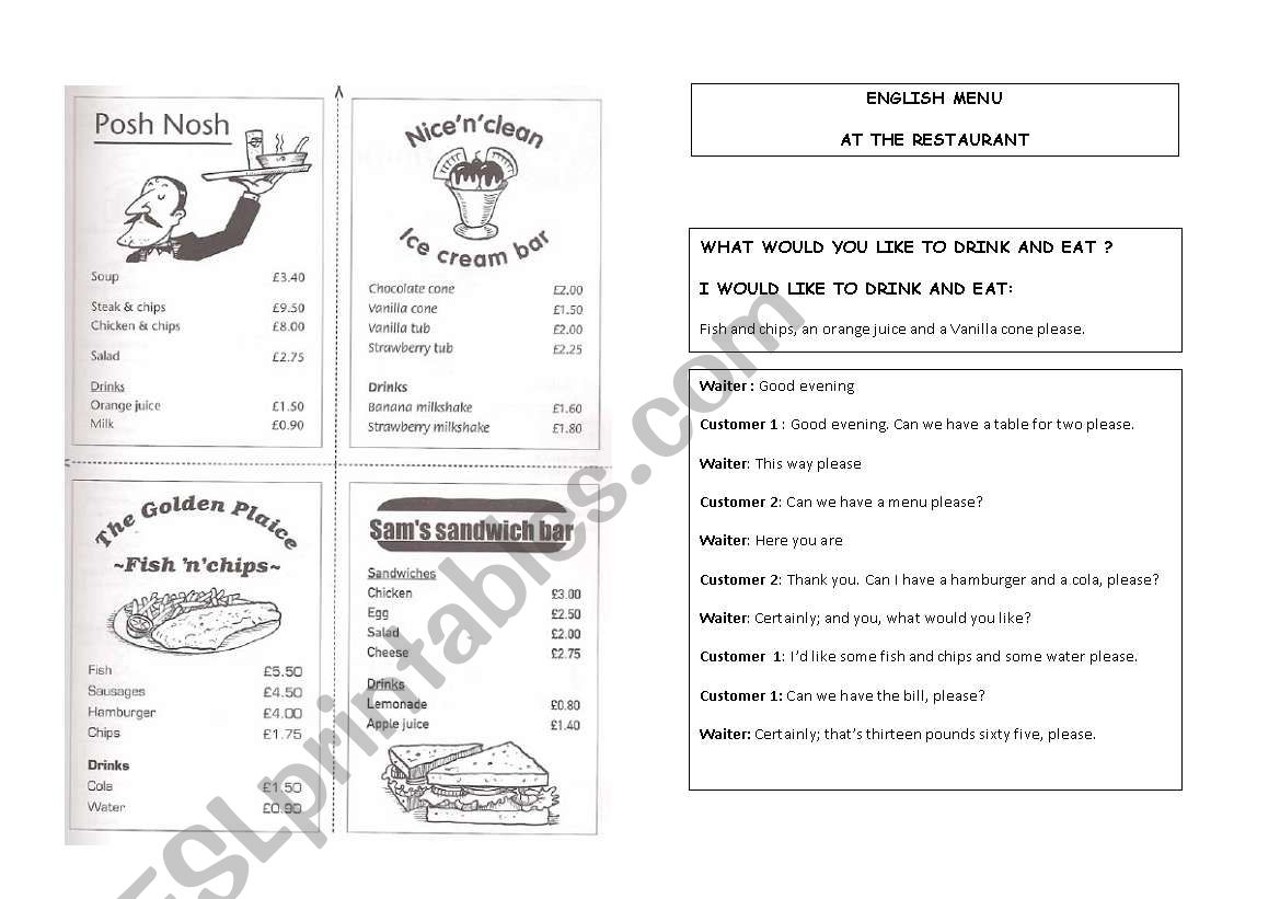 ROLE PLAY AT THE RESTAURANT worksheet