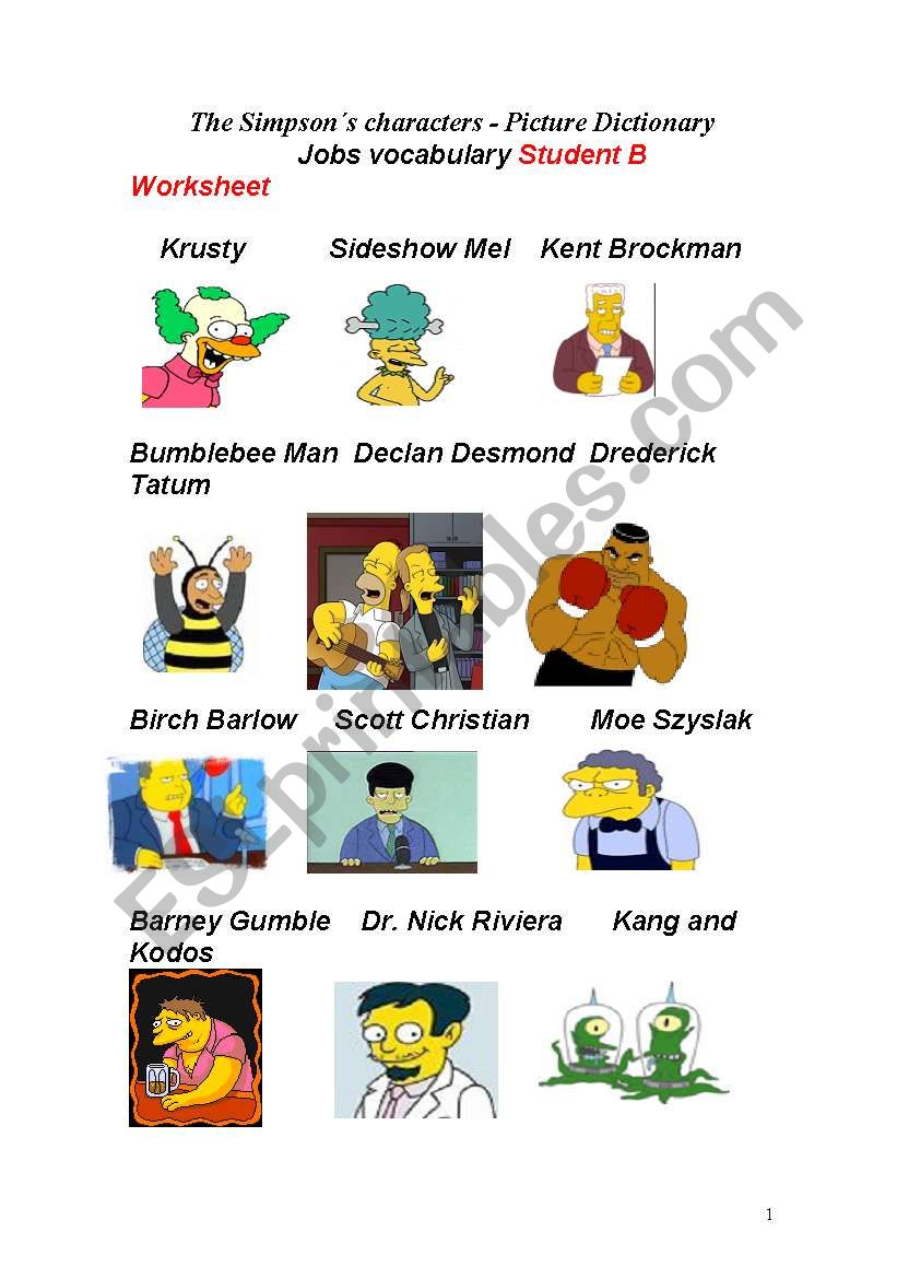 The Simpsons Jobs - Part B worksheet