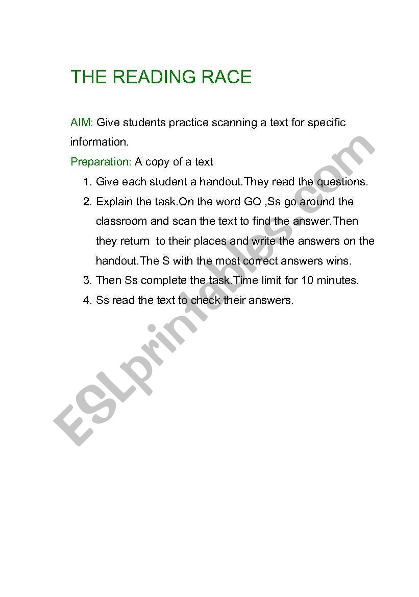 READING RACE worksheet