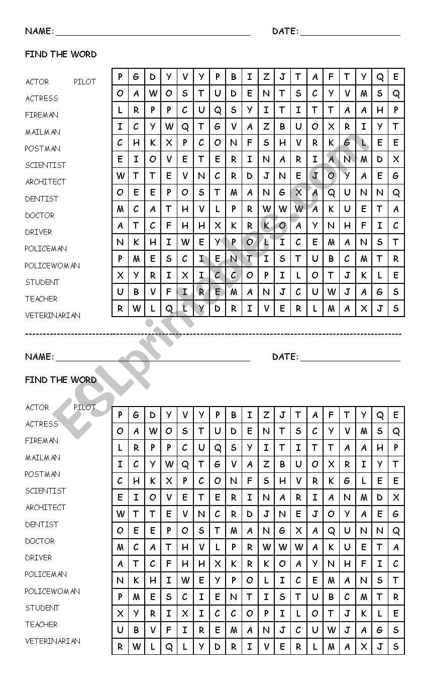 Word search puzzle professions