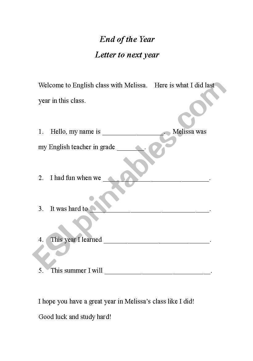 End of the year letter worksheet