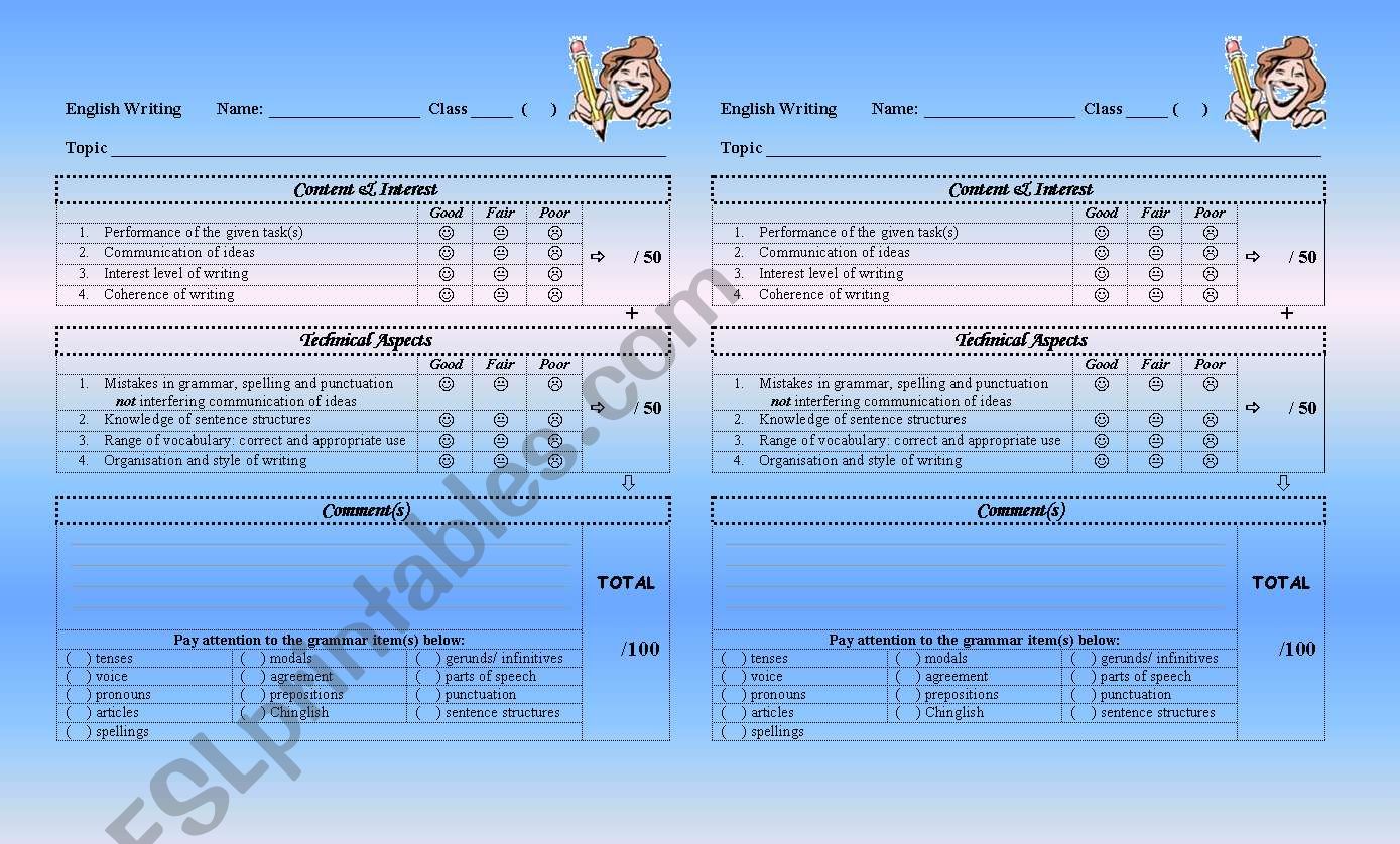 Marking Rubric for Writing worksheet