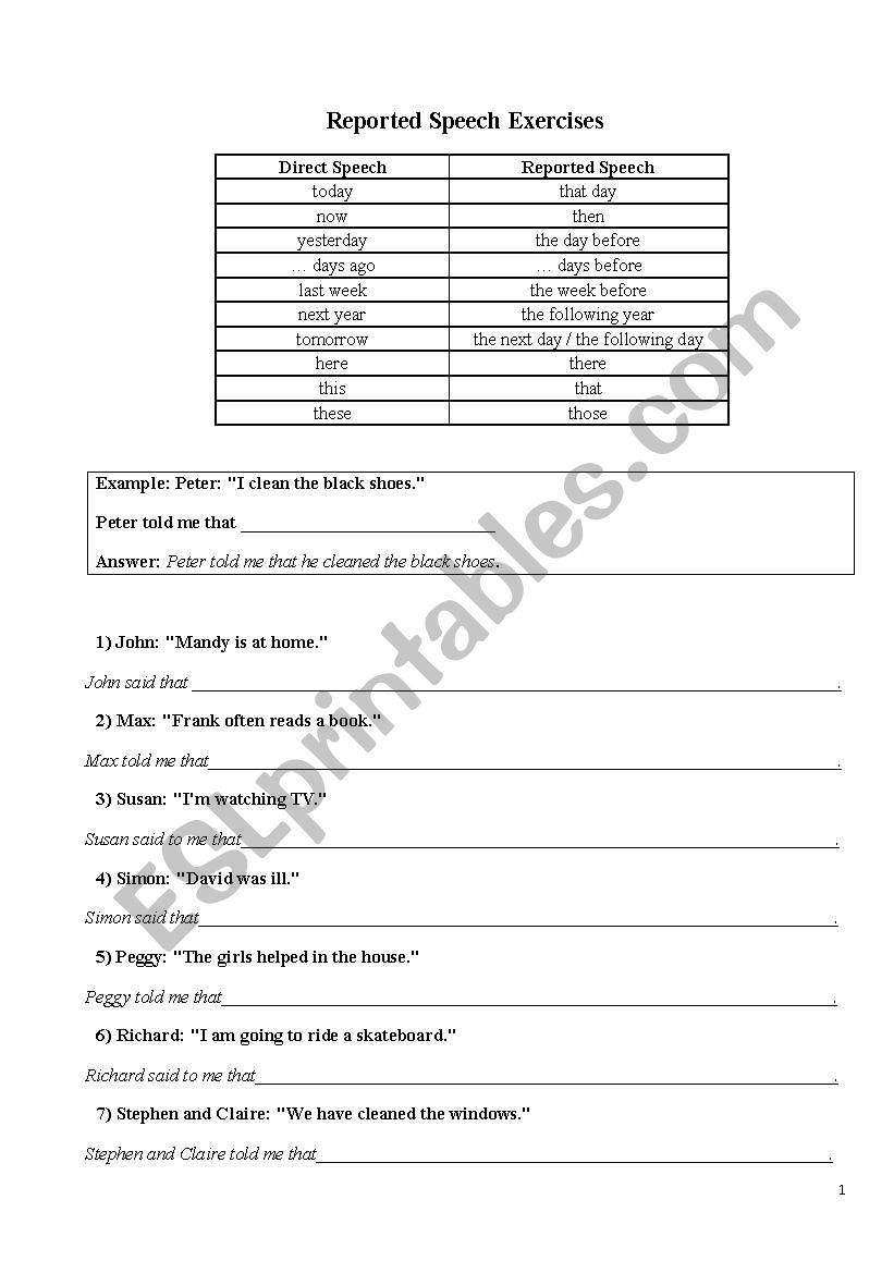Reported Speech Exercises worksheet