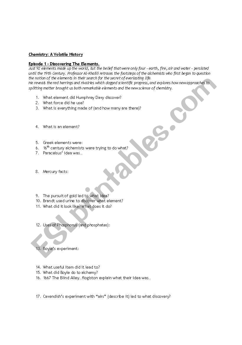 Chemistry: a Volatile History Video worksheet