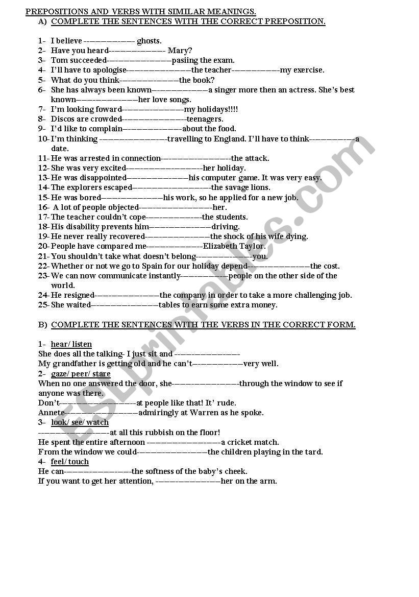 prepositions and verbs with similar meanings