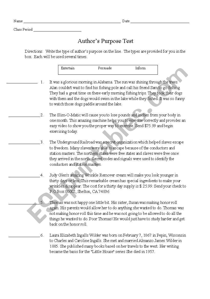 Authors purpose test worksheet