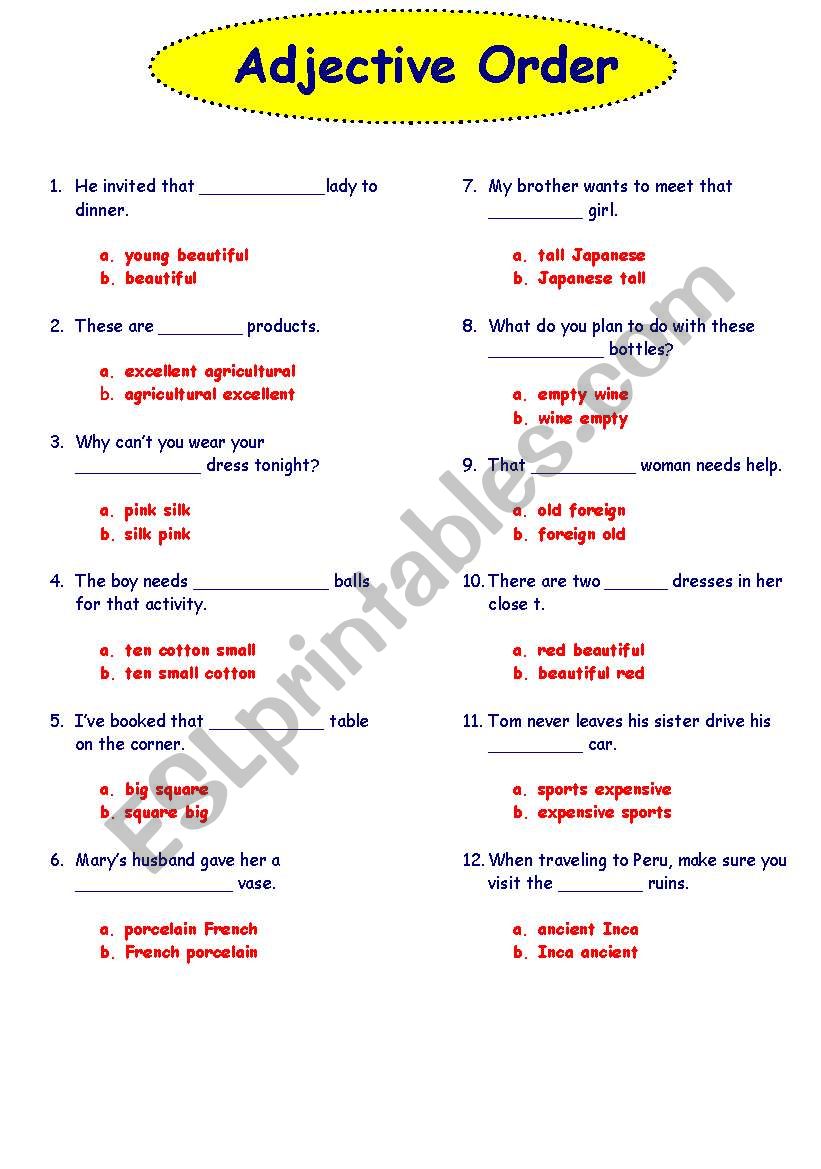 Adjectiver order worksheet