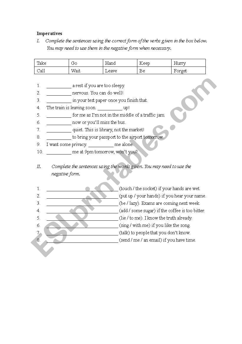 Imperatives worksheet