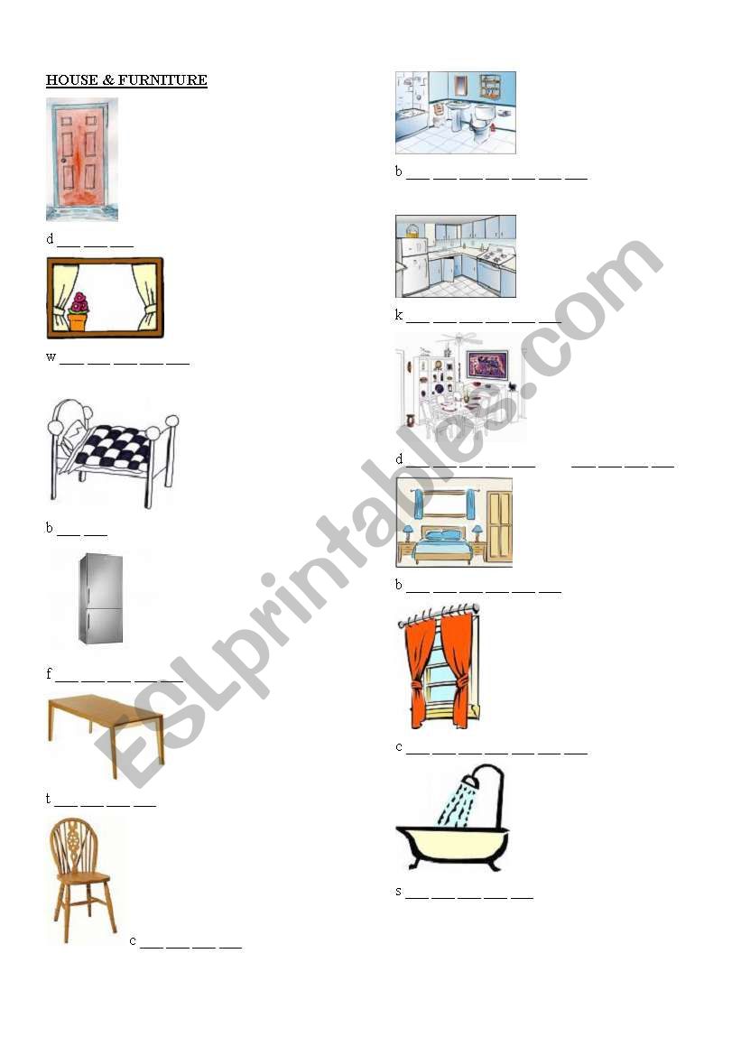 house and furniture worksheet