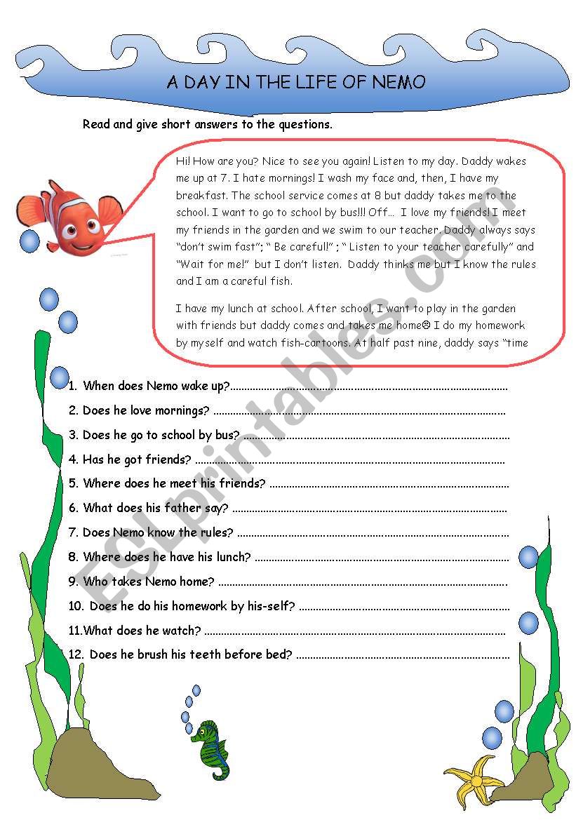 A Day In the Life of Nemo worksheet