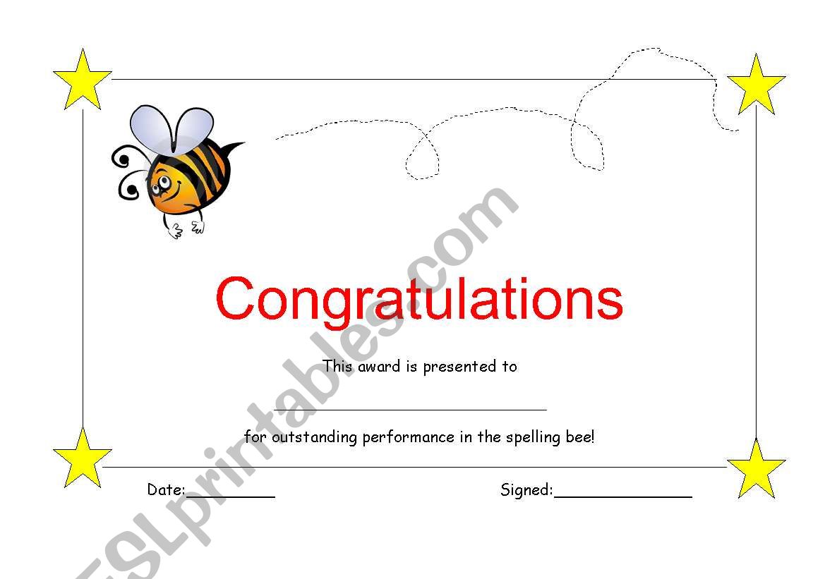 Spelling bee certificate worksheet