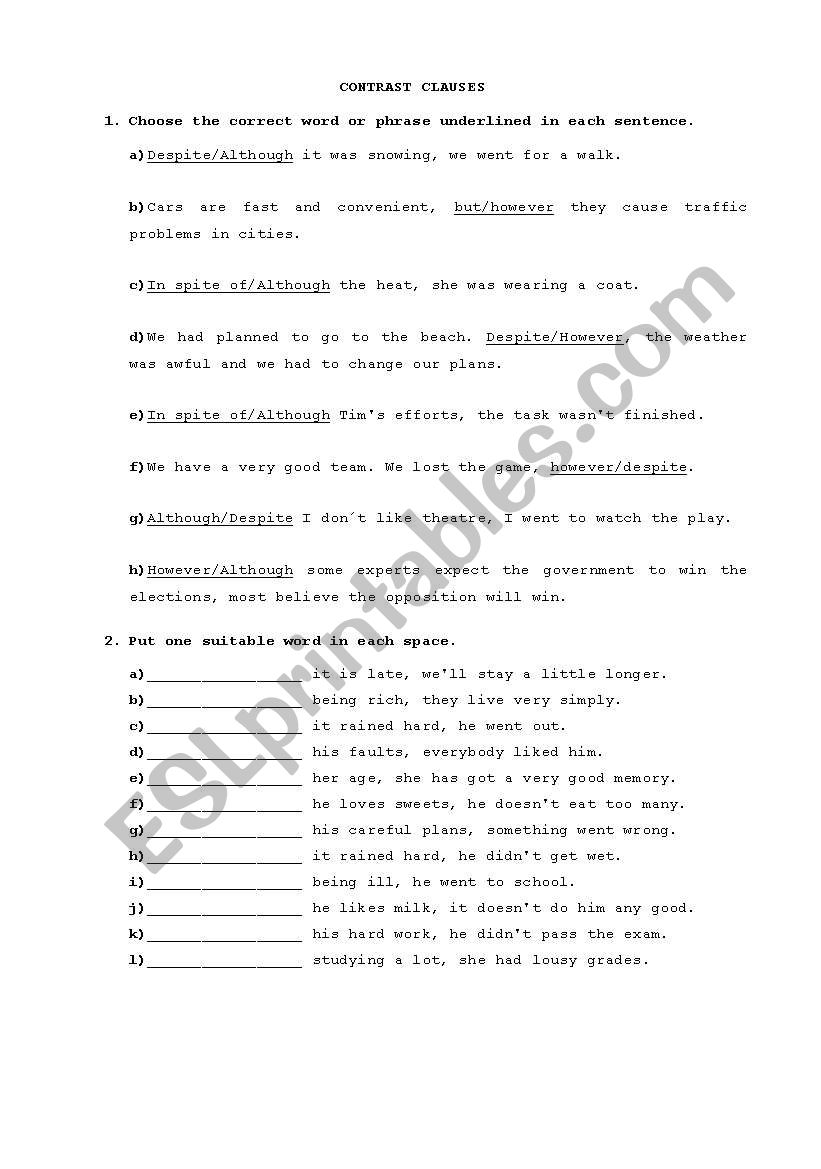 Contrast clauses worksheet