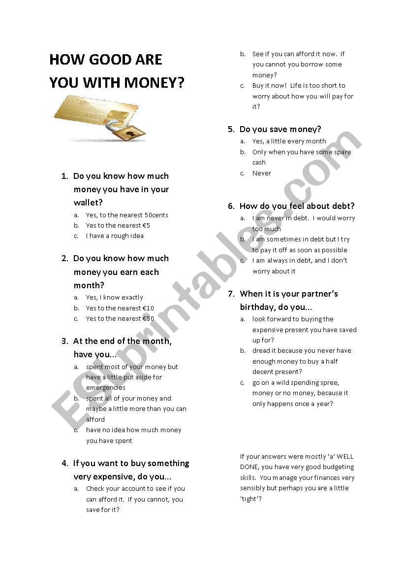 How good are you with money? worksheet