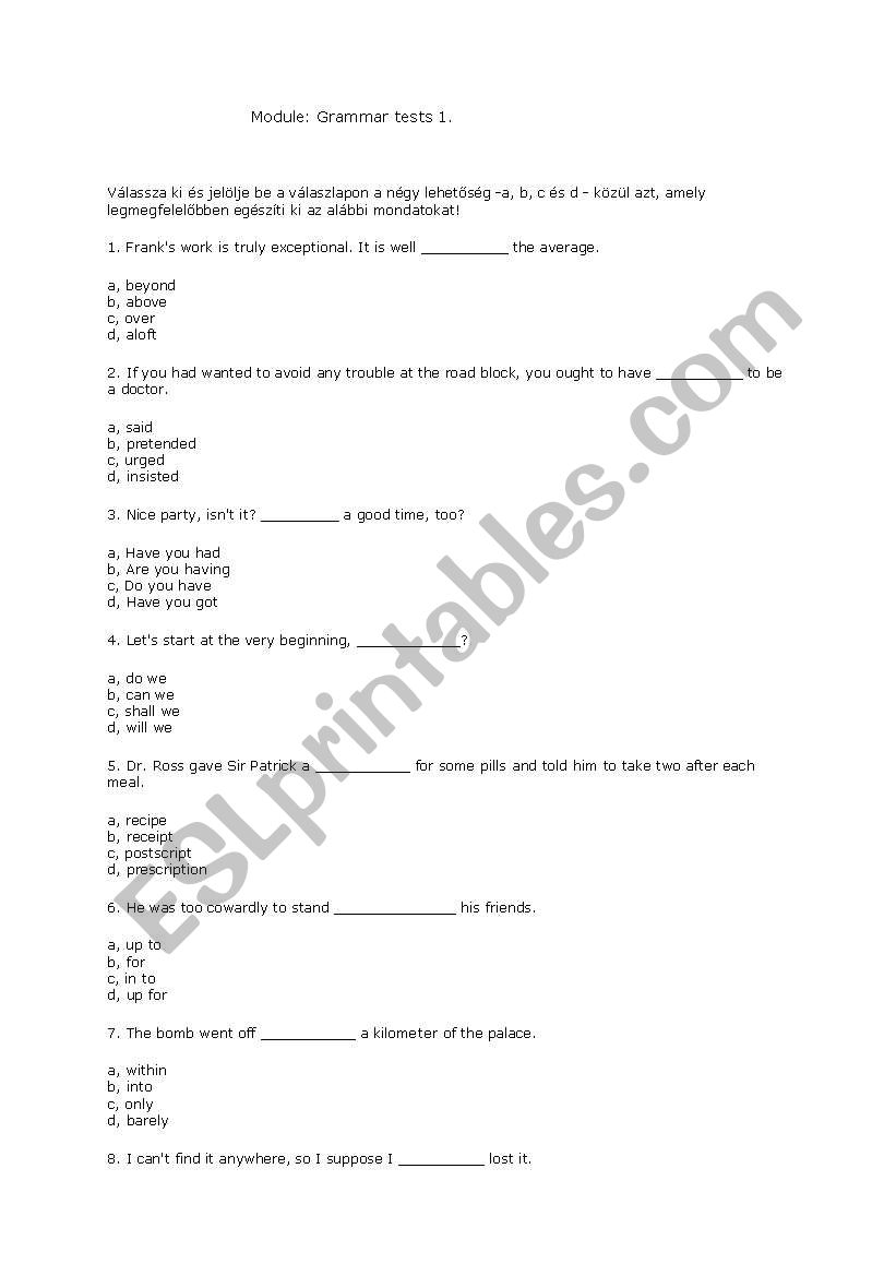 grammar test worksheet